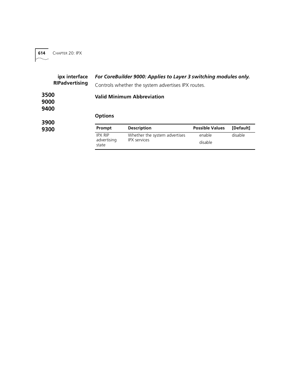 Ipx interface ripadvertising | 3Com 3500 User Manual | Page 614 / 784