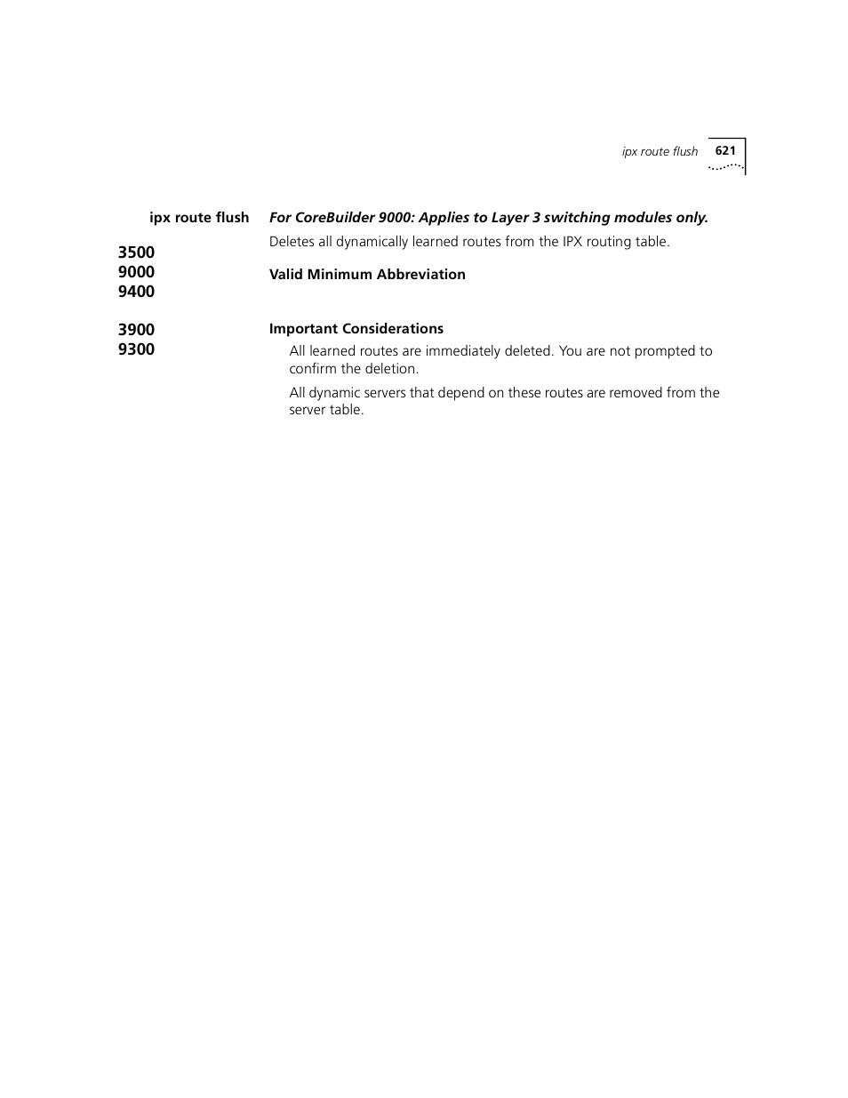 Ipx route flush | 3Com 3500 User Manual | Page 621 / 784