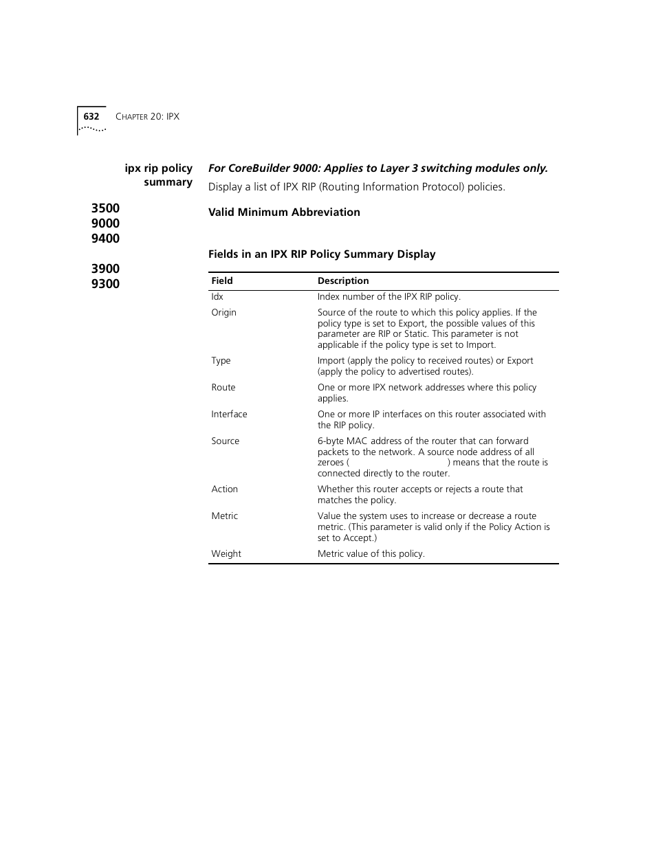 Ipx rip policy summary | 3Com 3500 User Manual | Page 632 / 784