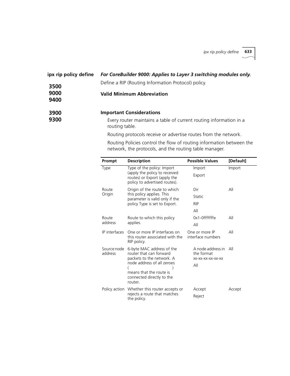 Ipx rip policy define | 3Com 3500 User Manual | Page 633 / 784