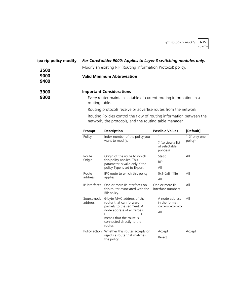 Ipx rip policy modify | 3Com 3500 User Manual | Page 635 / 784