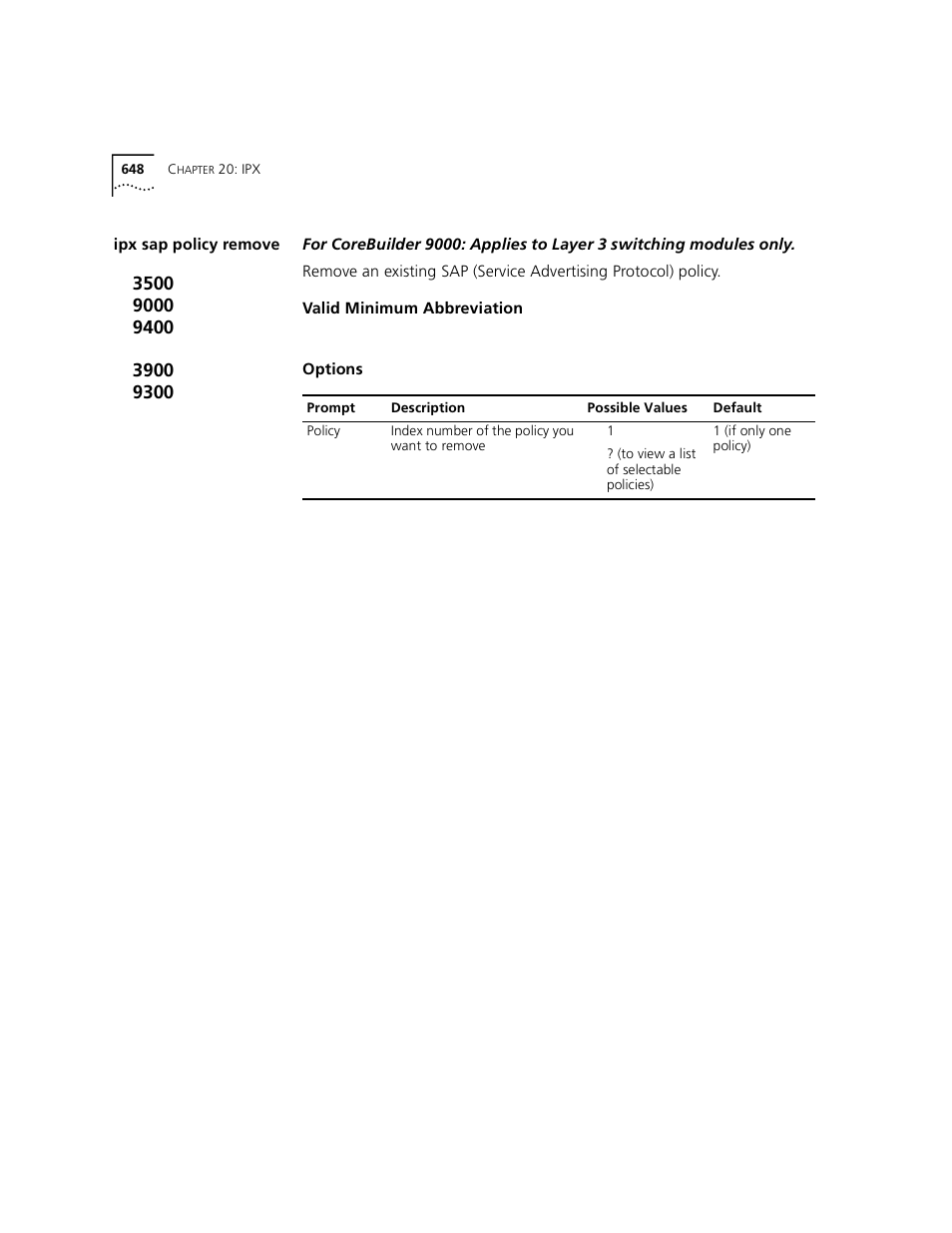 Ipx sap policy remove | 3Com 3500 User Manual | Page 648 / 784