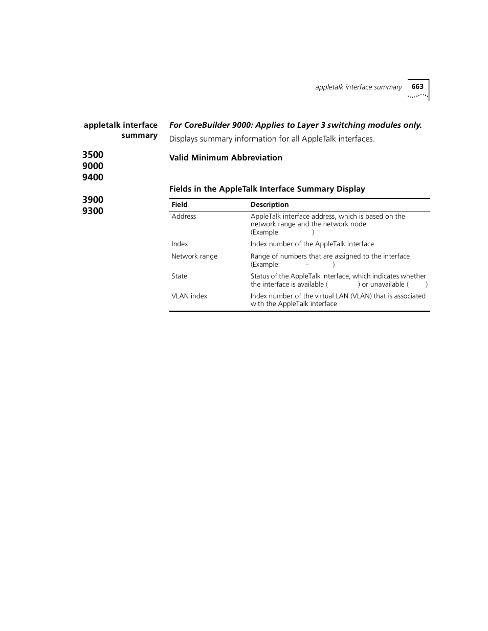 Appletalk interface summary | 3Com 3500 User Manual | Page 663 / 784