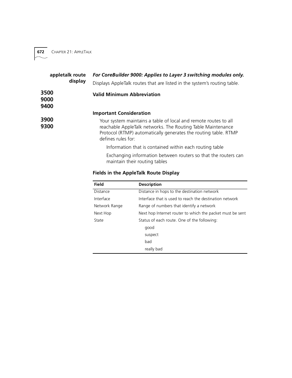 Appletalk route display | 3Com 3500 User Manual | Page 672 / 784