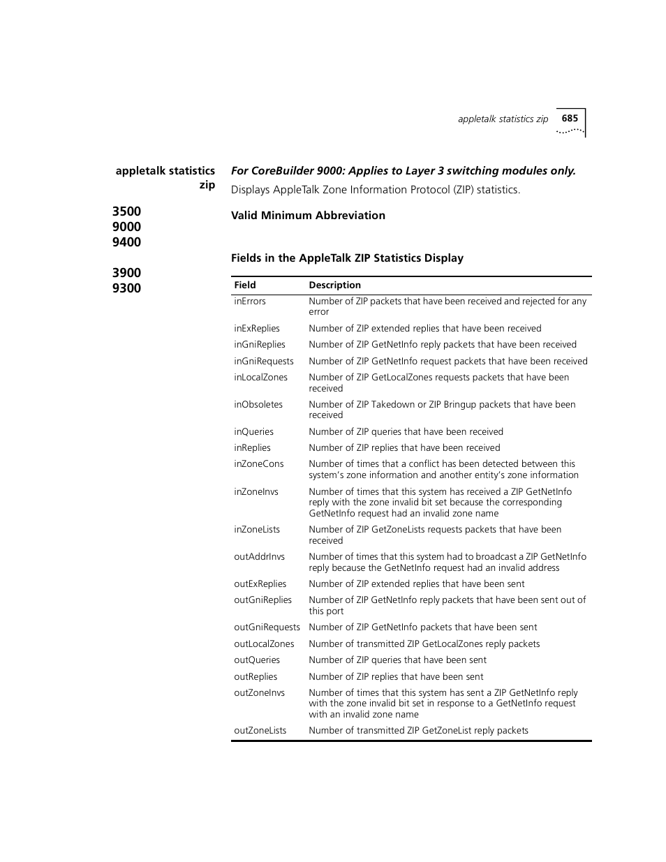 Appletalk statistics zip | 3Com 3500 User Manual | Page 685 / 784