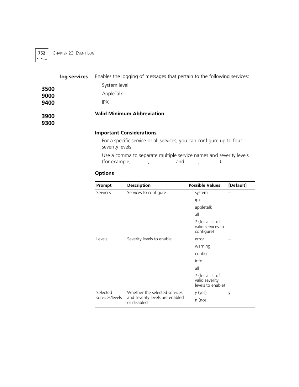 Log services, System level, Appletalk | Ipx valid minimum abbreviation, Important considerations, Options | 3Com 3500 User Manual | Page 752 / 784