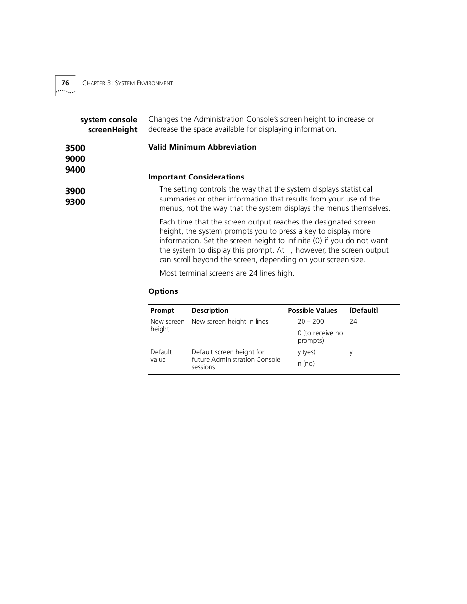 System console screenheight | 3Com 3500 User Manual | Page 76 / 784