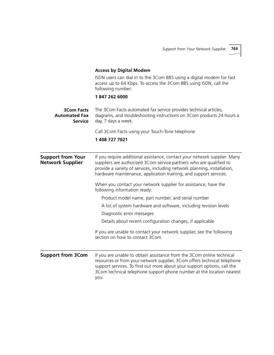 3com facts automated fax service, Support from your network supplier, Support from 3com | 3Com 3500 User Manual | Page 769 / 784