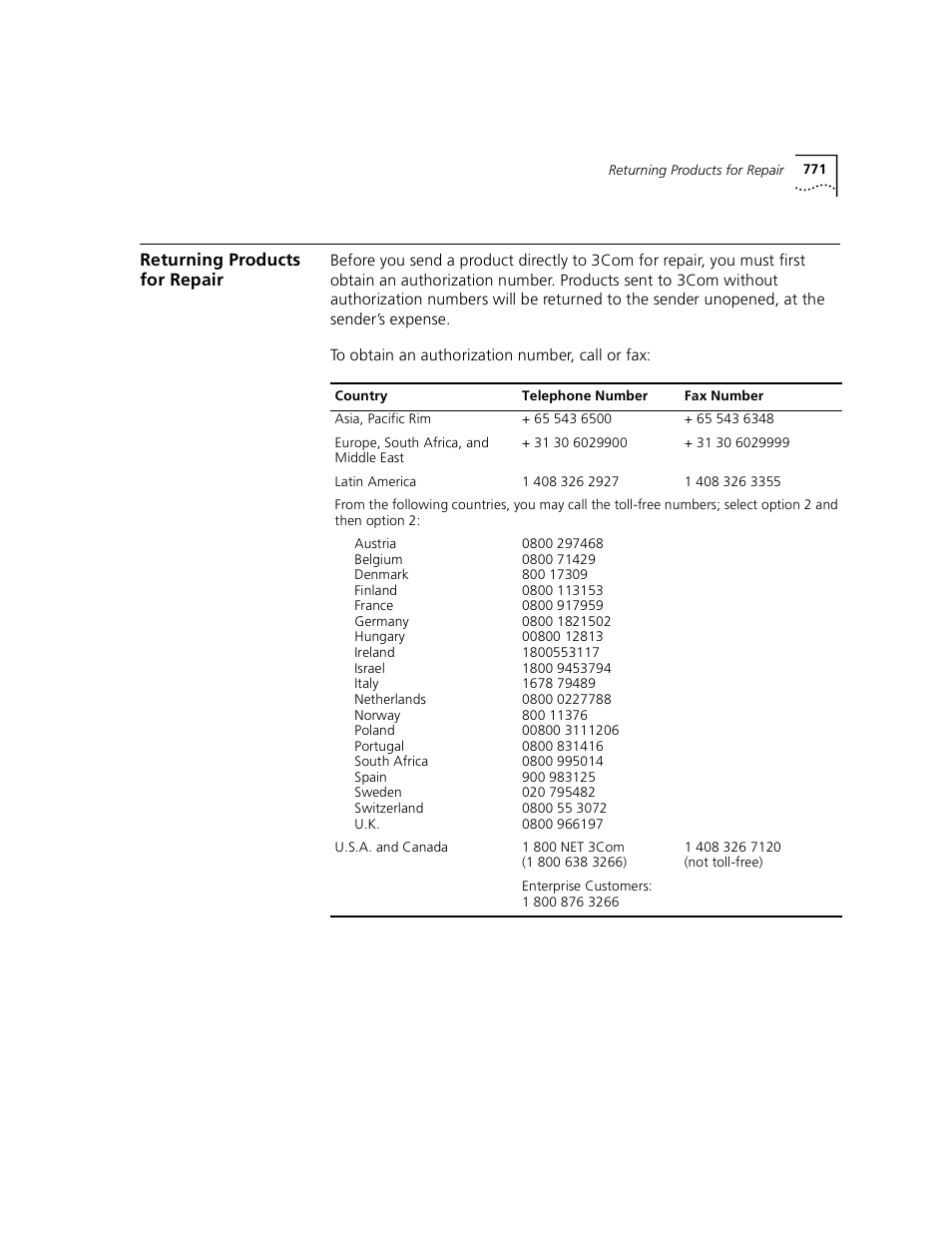 Returning products forrepair, Returning products for repair | 3Com 3500 User Manual | Page 771 / 784