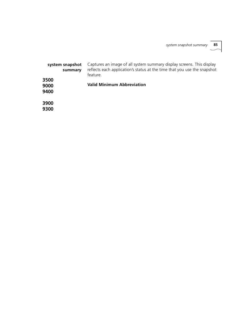System snapshot summary | 3Com 3500 User Manual | Page 85 / 784