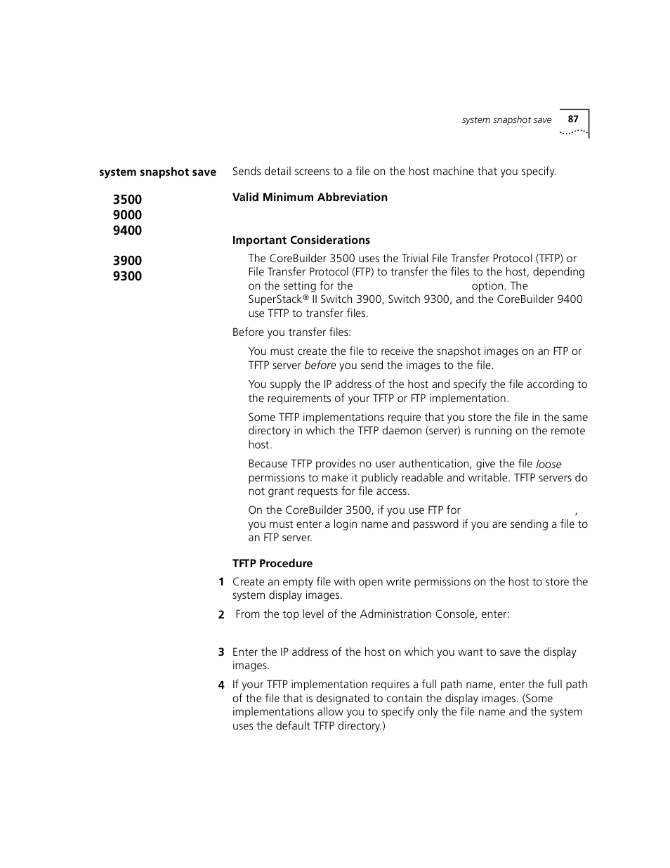 System snapshot save | 3Com 3500 User Manual | Page 87 / 784