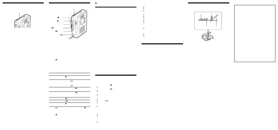 Playing a tape, Recording from various sound sources, Precautions | Troubleshooting, Specifications, Maintenance, Zadditional information, Recording with an external microphone, Recording from another equipment | Sony TCM-465V User Manual | Page 2 / 2
