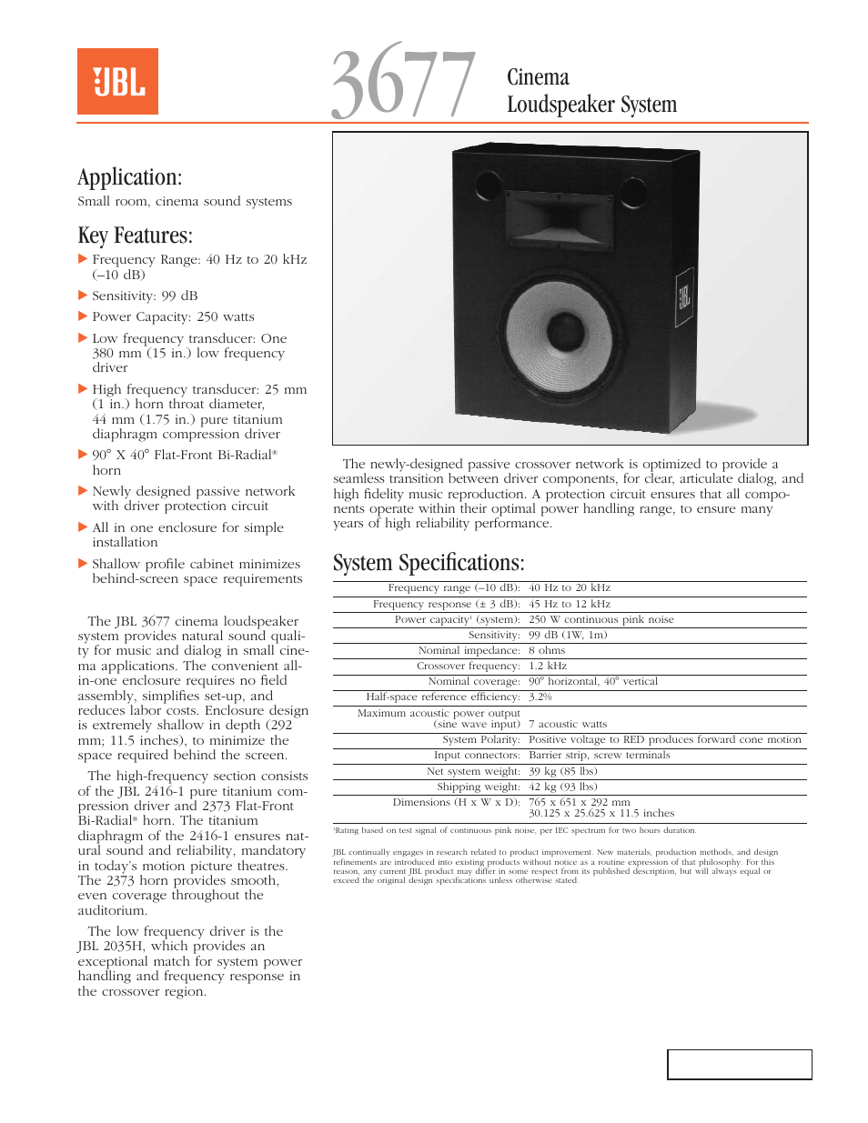 JBL 3677 Cinema User Manual | 2 pages