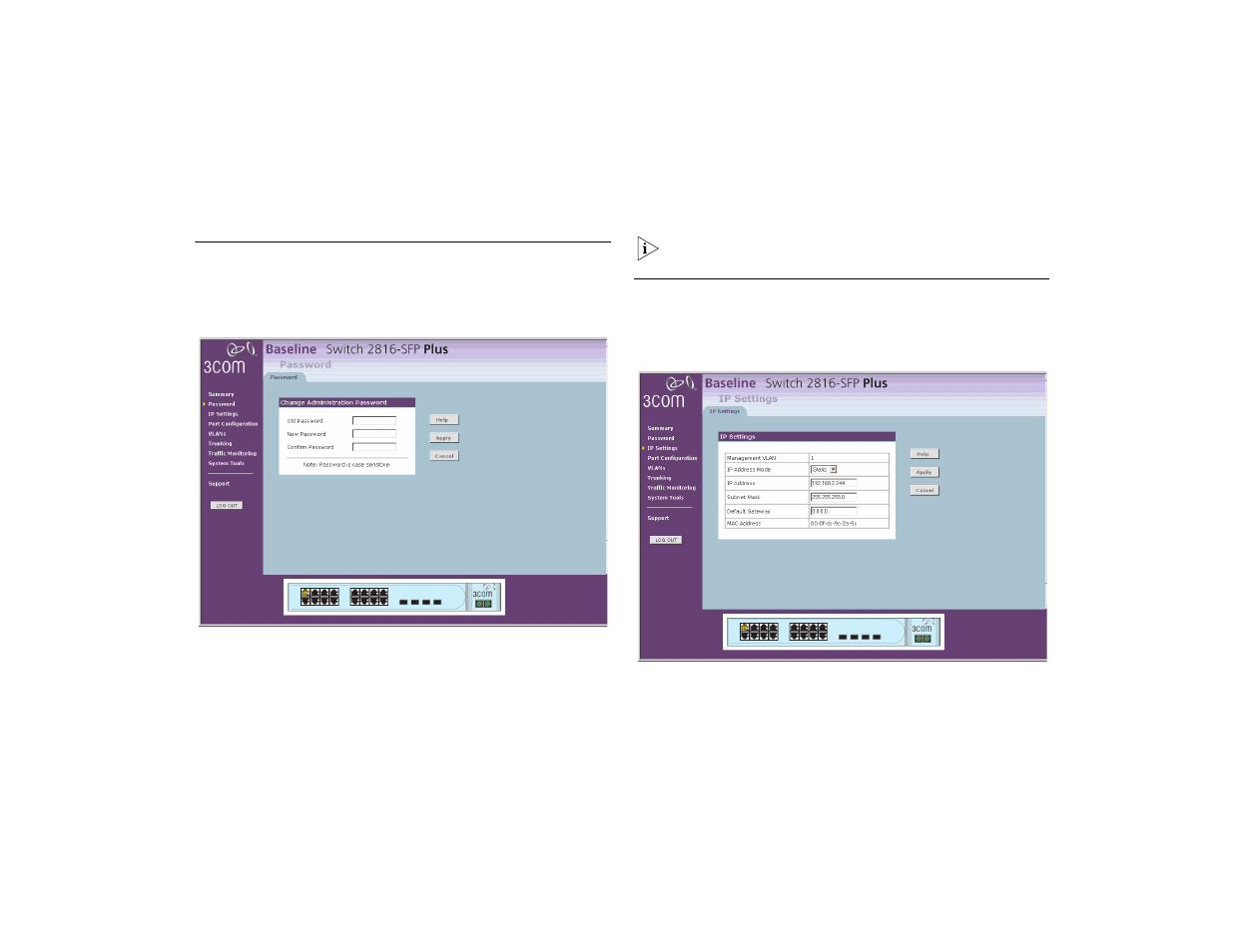 Password, Ip settings, R to “ip settings | 3Com 2816-SFP Plus (3C16485) User Manual | Page 23 / 66