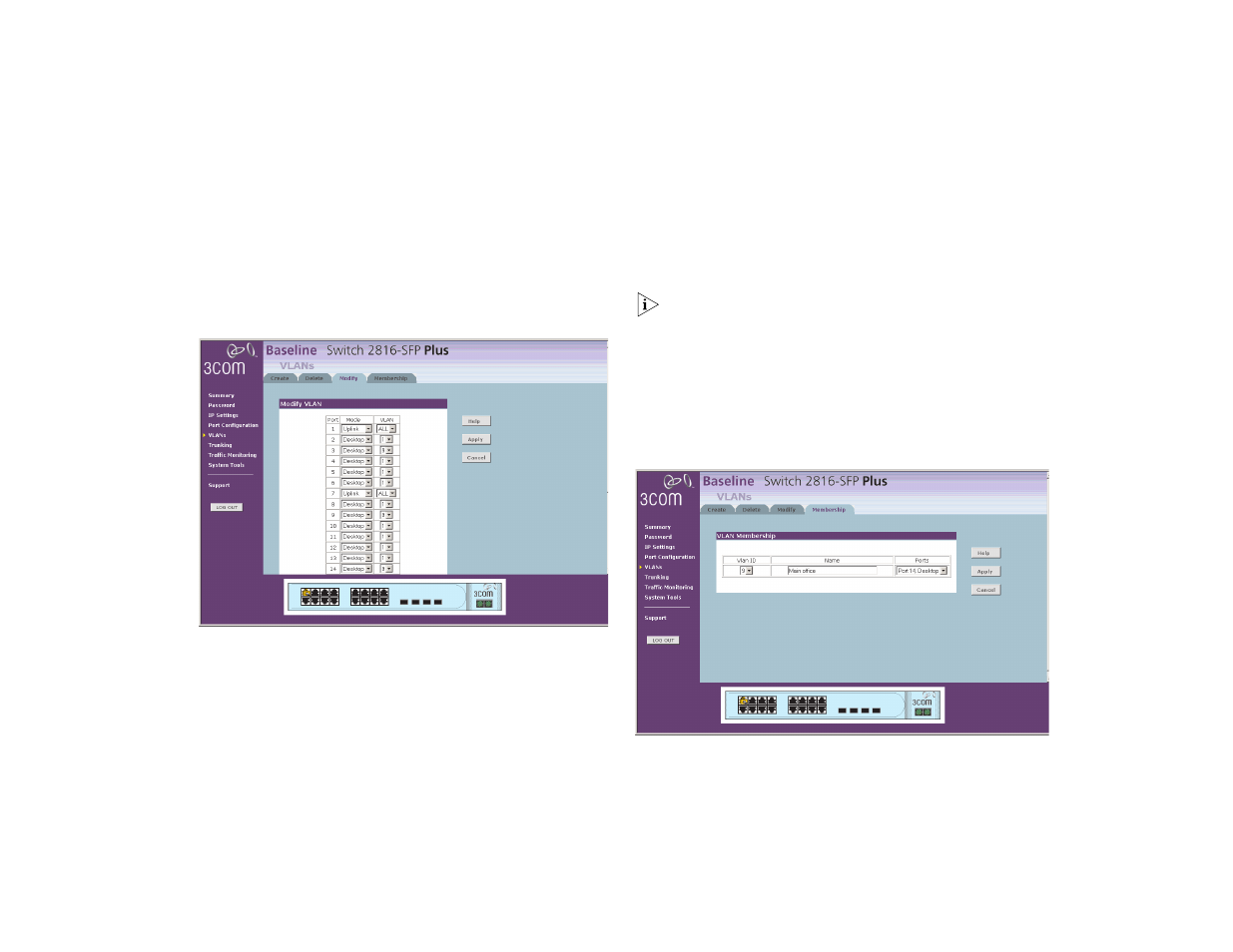 Modify vlans, Membership vlans | 3Com 2816-SFP Plus (3C16485) User Manual | Page 29 / 66