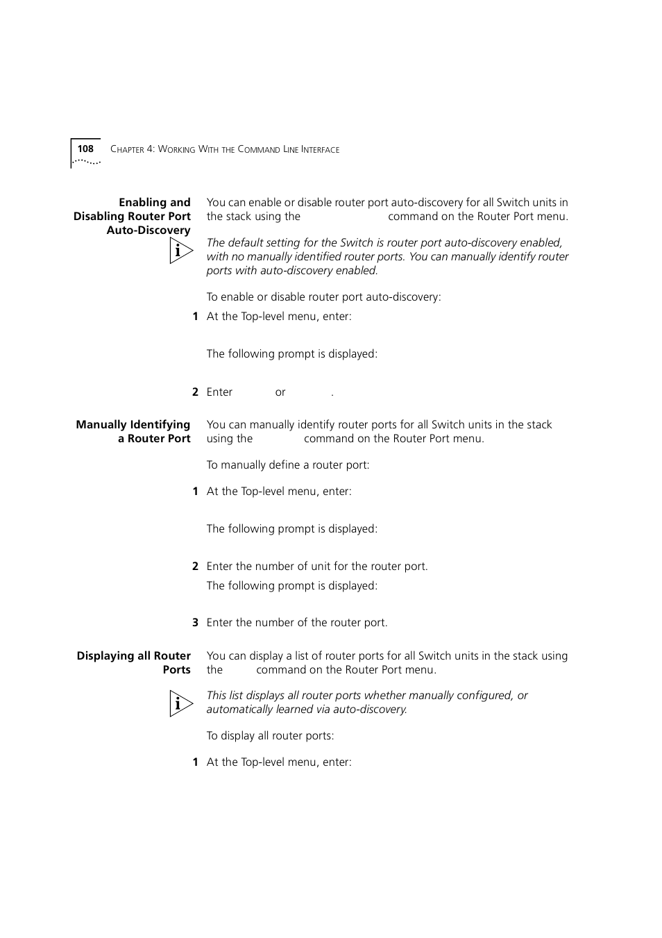 Enabling and disabling router port auto-discovery, Manually identifying a router port, Displaying all router ports | 3Com 1100 User Manual | Page 108 / 248