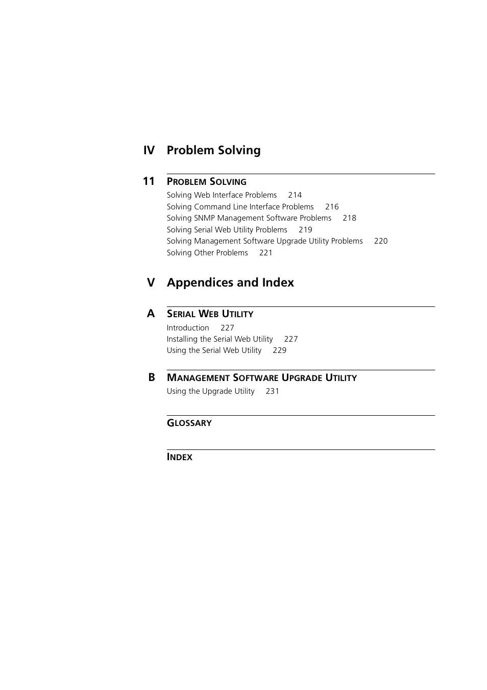 Iv problem solving, Vappendices and index | 3Com 1100 User Manual | Page 11 / 248