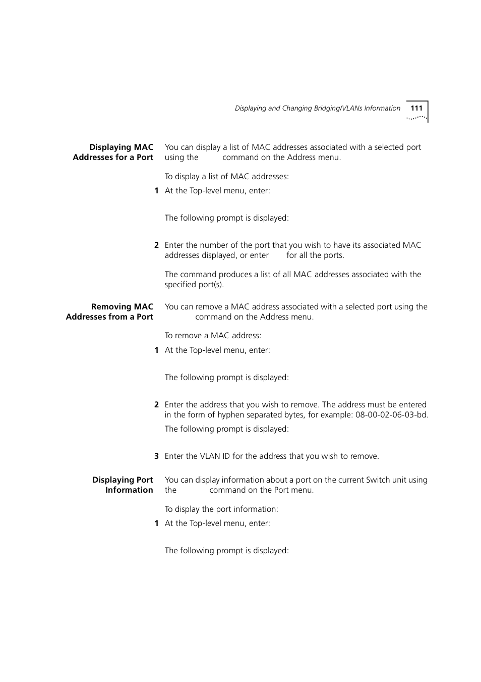 Displaying mac addresses for a port, Removing mac addresses from a port, Displaying port information | 3Com 1100 User Manual | Page 111 / 248