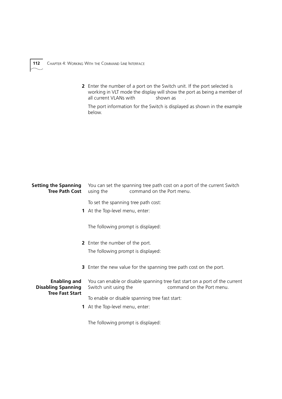 Setting the spanning tree path cost, Enabling and disabling spanning tree fast start | 3Com 1100 User Manual | Page 112 / 248
