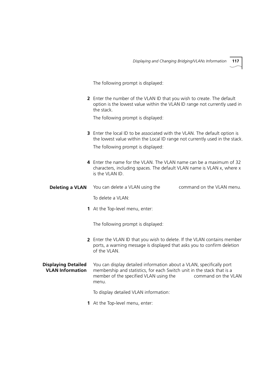 Deleting a vlan, Displaying detailed vlan information | 3Com 1100 User Manual | Page 117 / 248