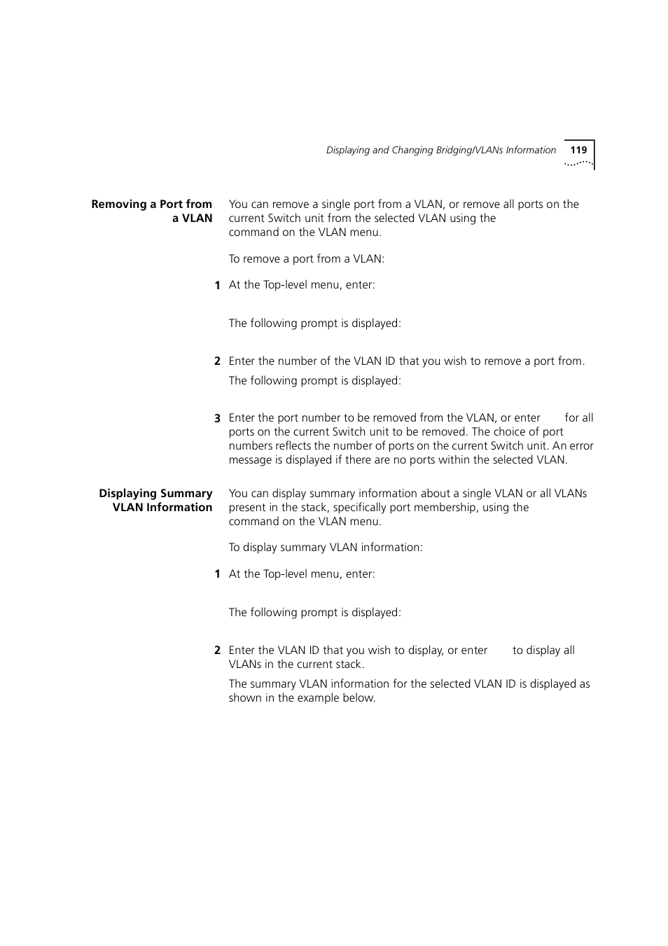 Removing a port from a vlan, Displaying summary vlan information | 3Com 1100 User Manual | Page 119 / 248