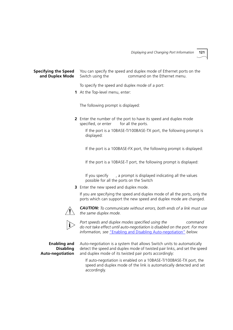 Specifying the speed and duplex mode, Enabling and disabling auto-negotiation | 3Com 1100 User Manual | Page 121 / 248