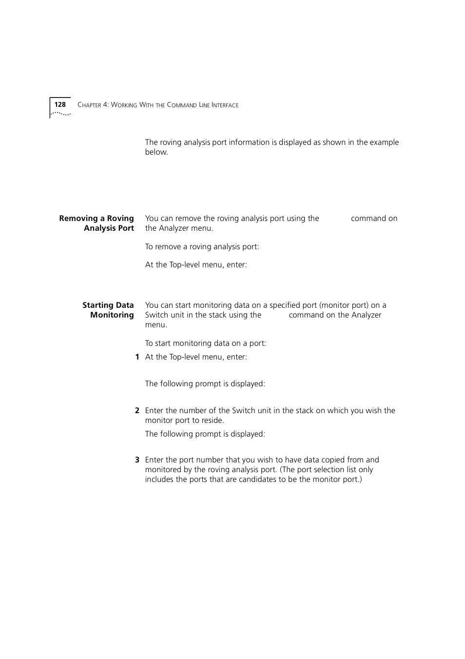 Removing a roving analysis port, Starting data monitoring | 3Com 1100 User Manual | Page 128 / 248