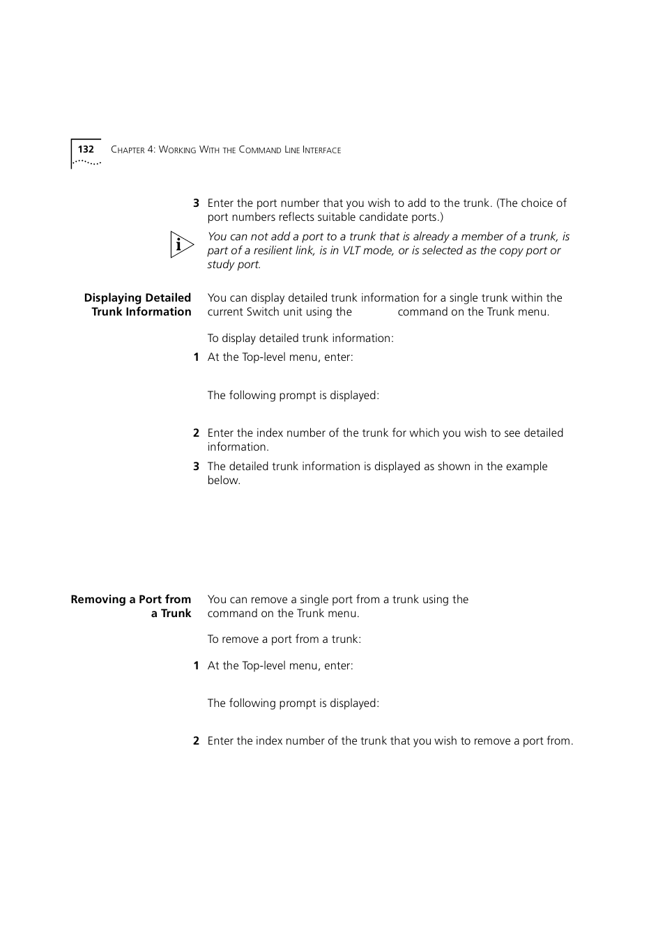 Displaying detailed trunk information, Removing a port from a trunk | 3Com 1100 User Manual | Page 132 / 248