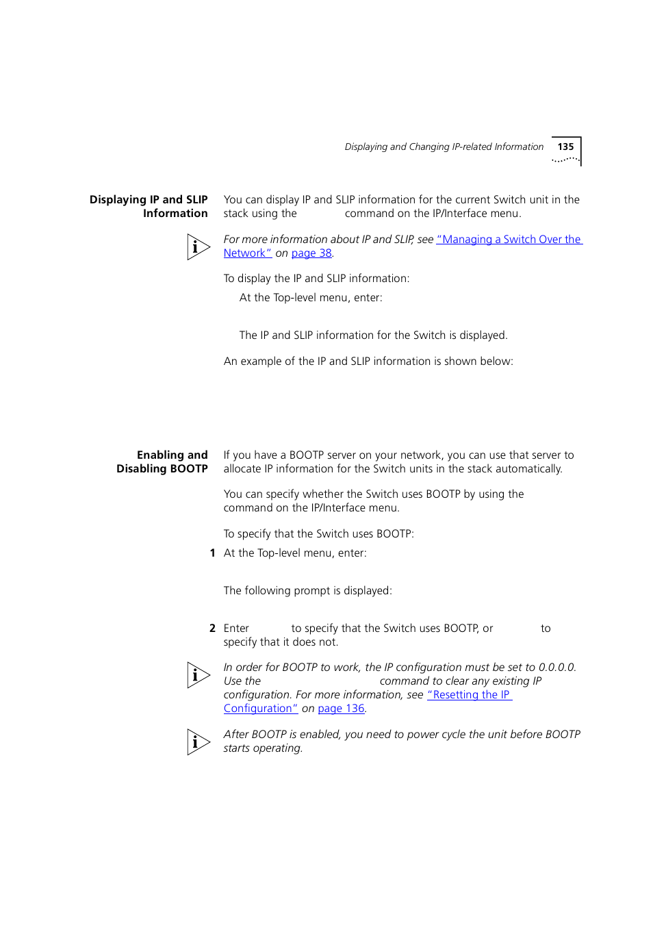 Displaying ip and slip information, Enabling and disabling bootp | 3Com 1100 User Manual | Page 135 / 248