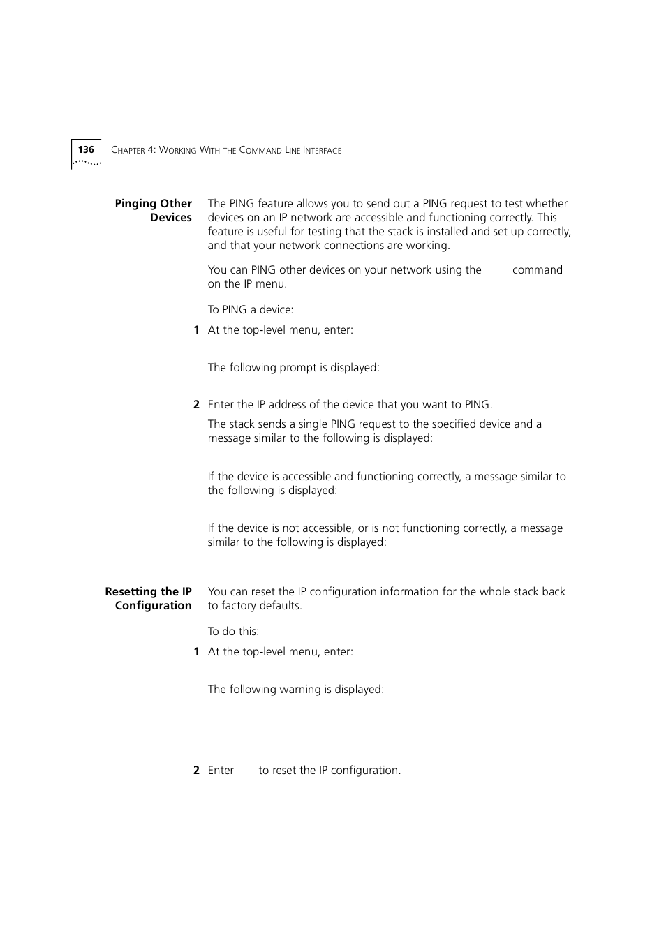 Pinging other devices, Resetting the ip configuration, Resetting the ip | Configuration | 3Com 1100 User Manual | Page 136 / 248