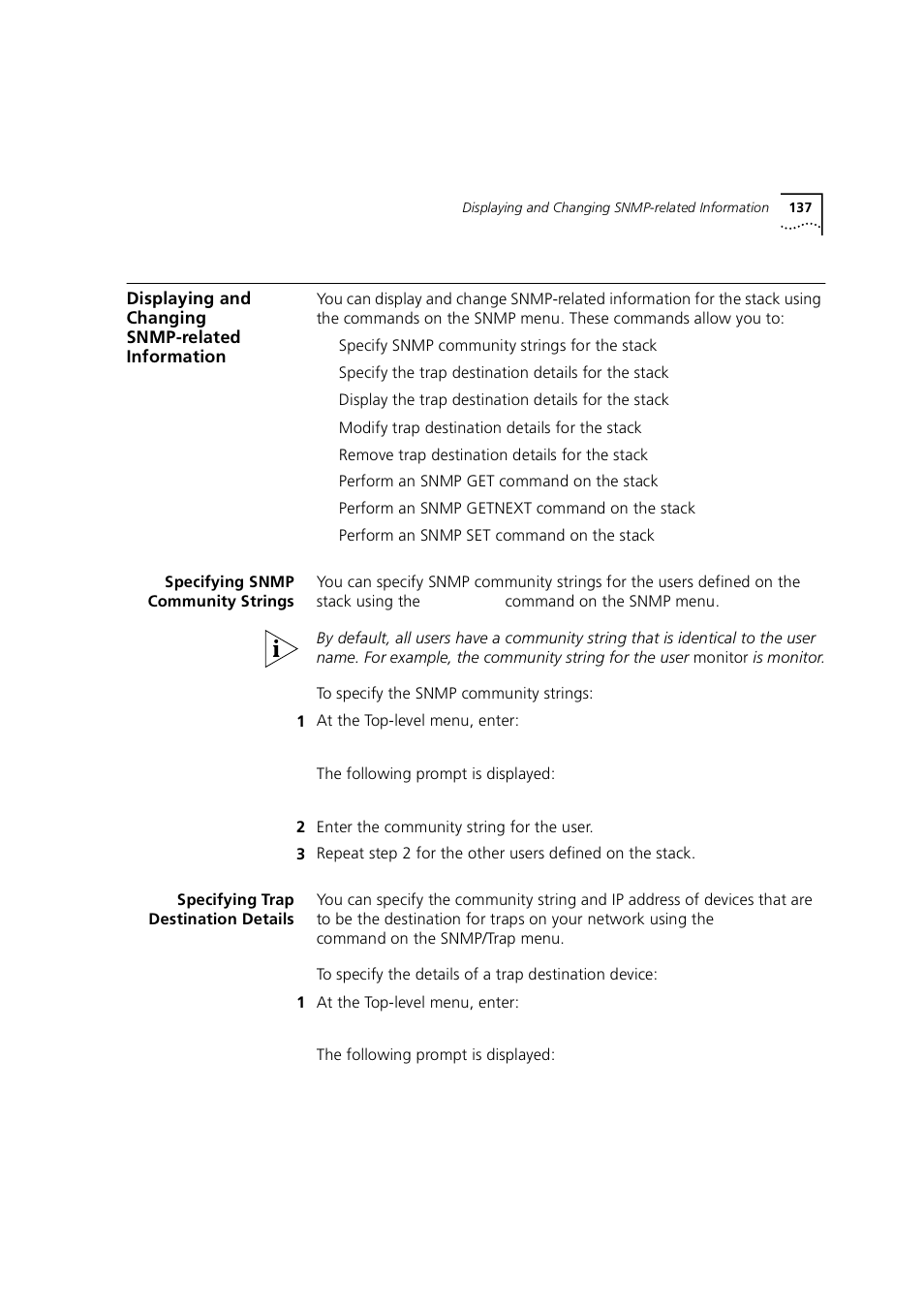 Displaying and changing snmp-related information, Specifying snmp community strings, Specifying trap destination details | Displaying and changing snmp-related informatio | 3Com 1100 User Manual | Page 137 / 248
