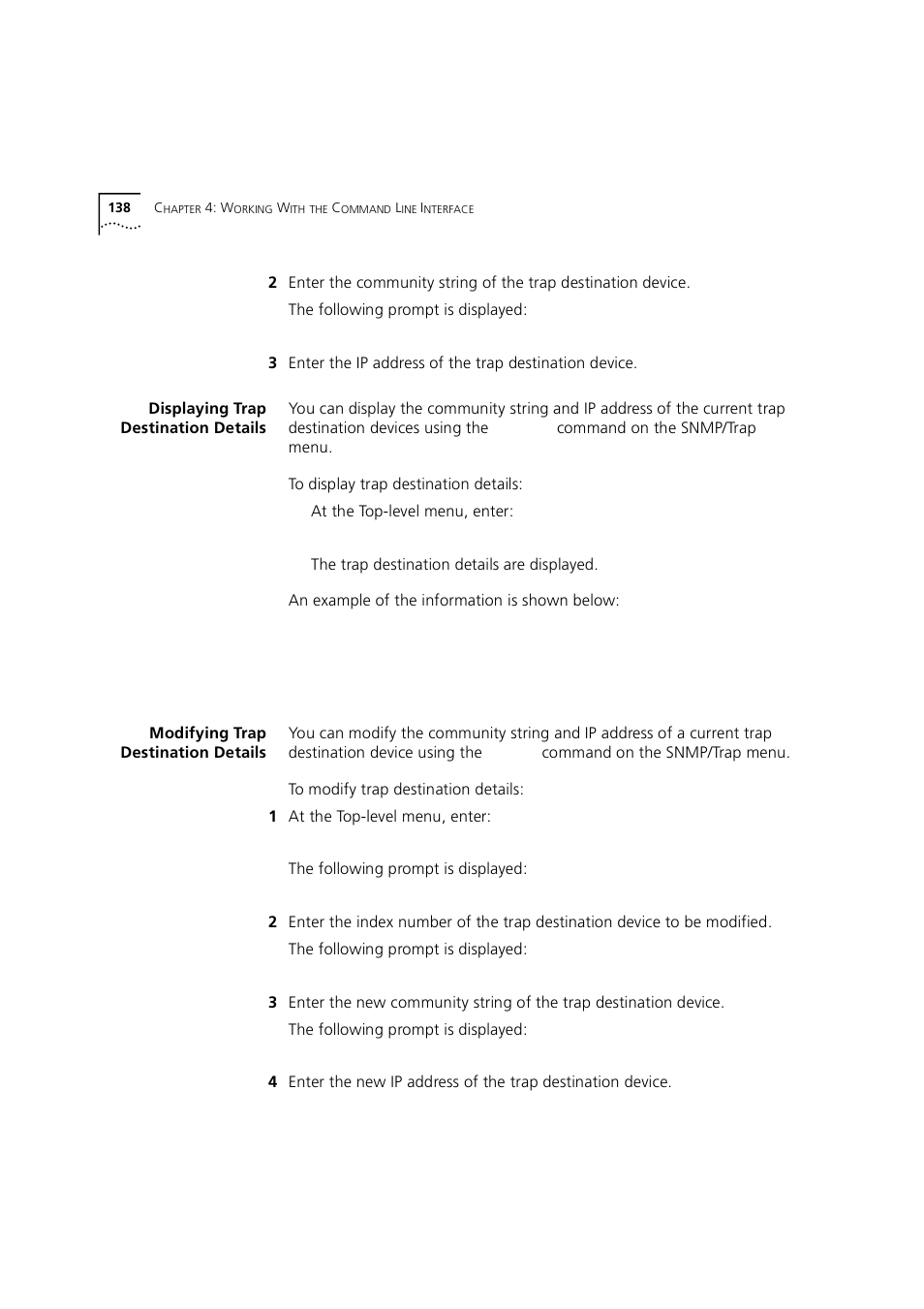 Displaying trap destination details, Modifying trap destination details | 3Com 1100 User Manual | Page 138 / 248