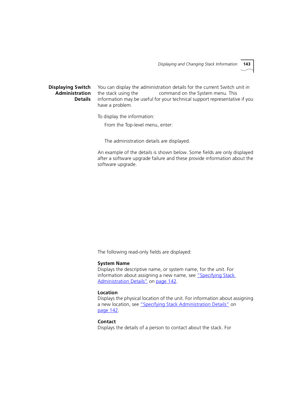 Displaying switch administration details | 3Com 1100 User Manual | Page 143 / 248