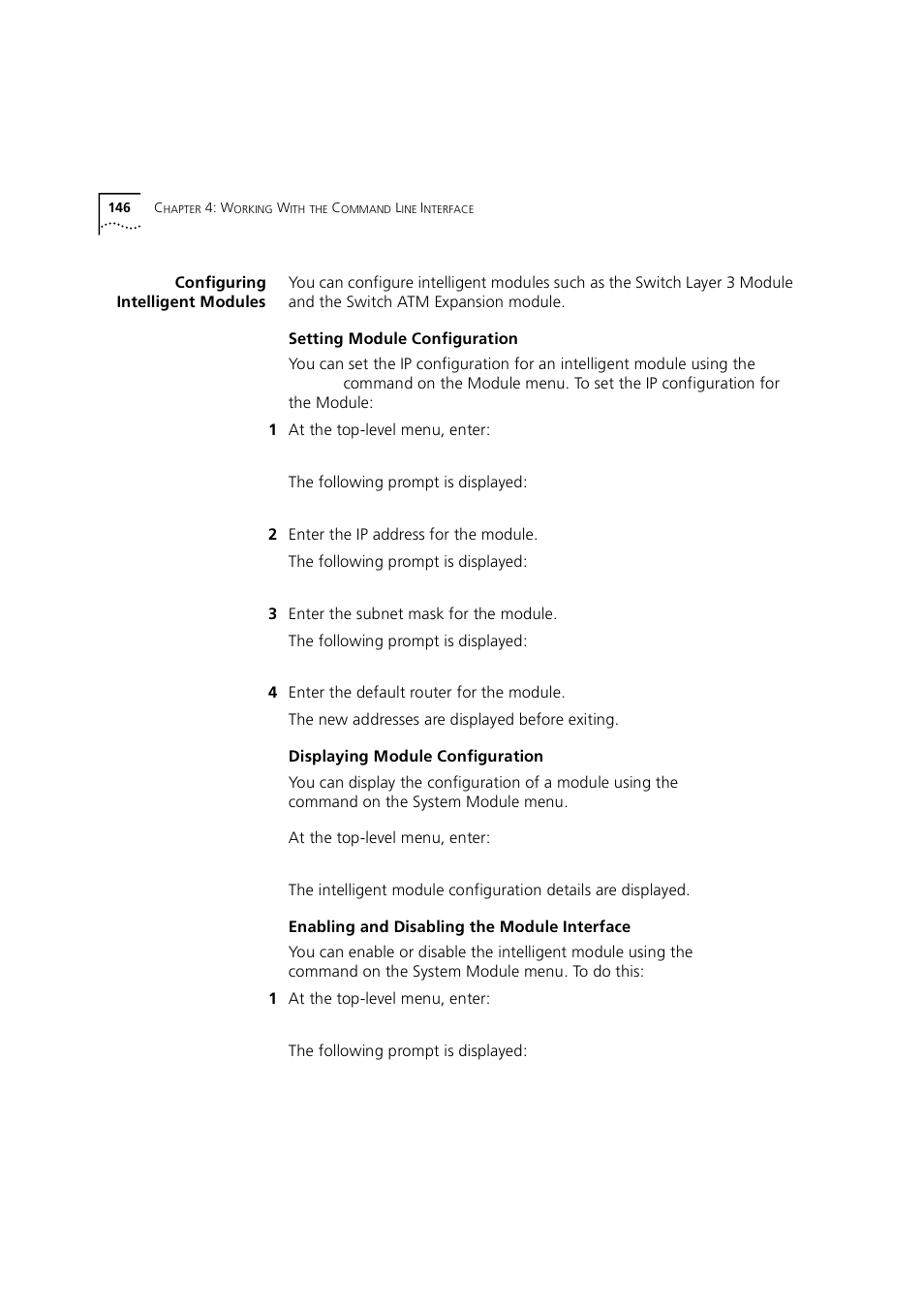 Configuring intelligent modules, Setting module configuration, Displaying module configuration | Enabling and disabling the module interface | 3Com 1100 User Manual | Page 146 / 248