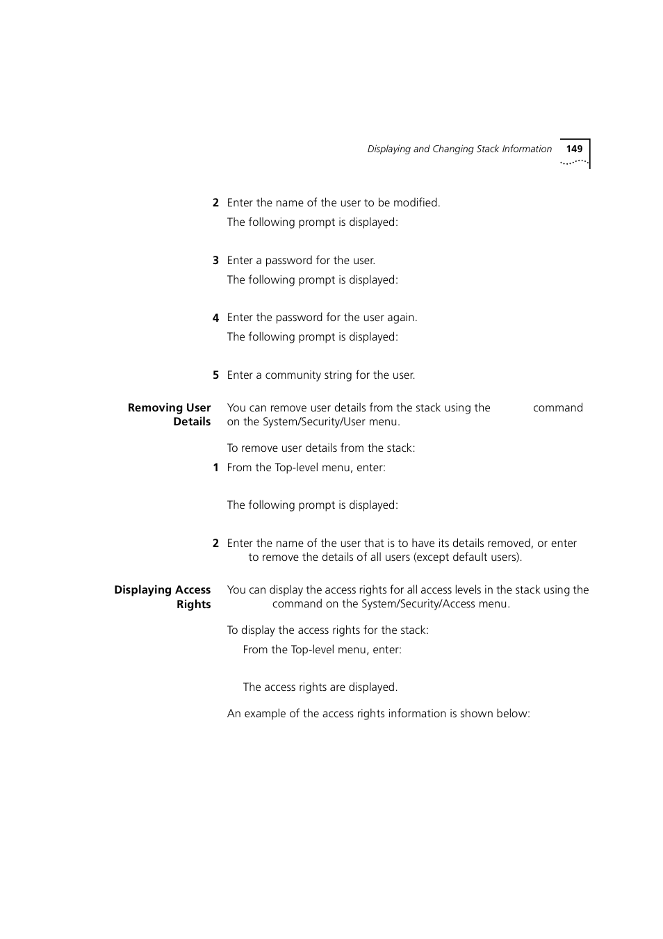 Removing user details, Displaying access rights | 3Com 1100 User Manual | Page 149 / 248