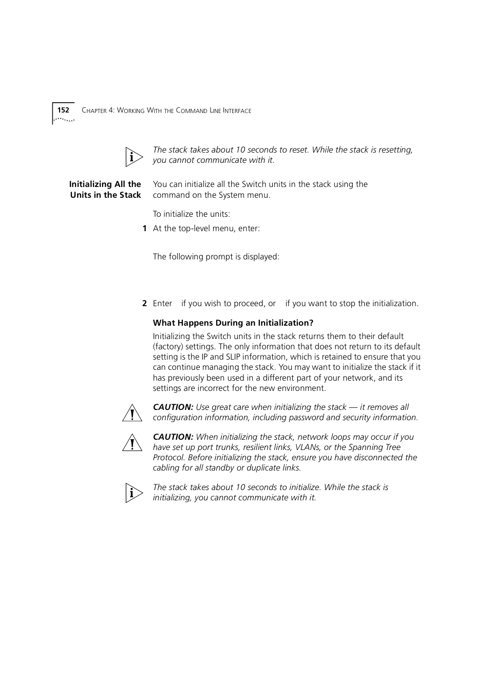 Initializing all the units in the stack, What happens during an initialization | 3Com 1100 User Manual | Page 152 / 248