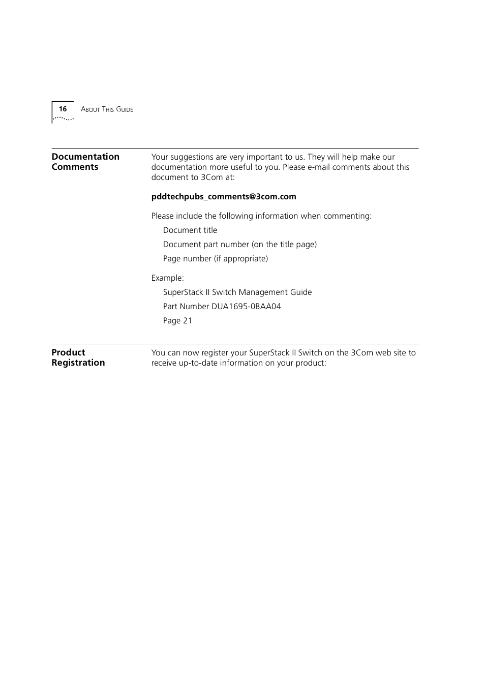 Documentation comments, Product registration | 3Com 1100 User Manual | Page 16 / 248