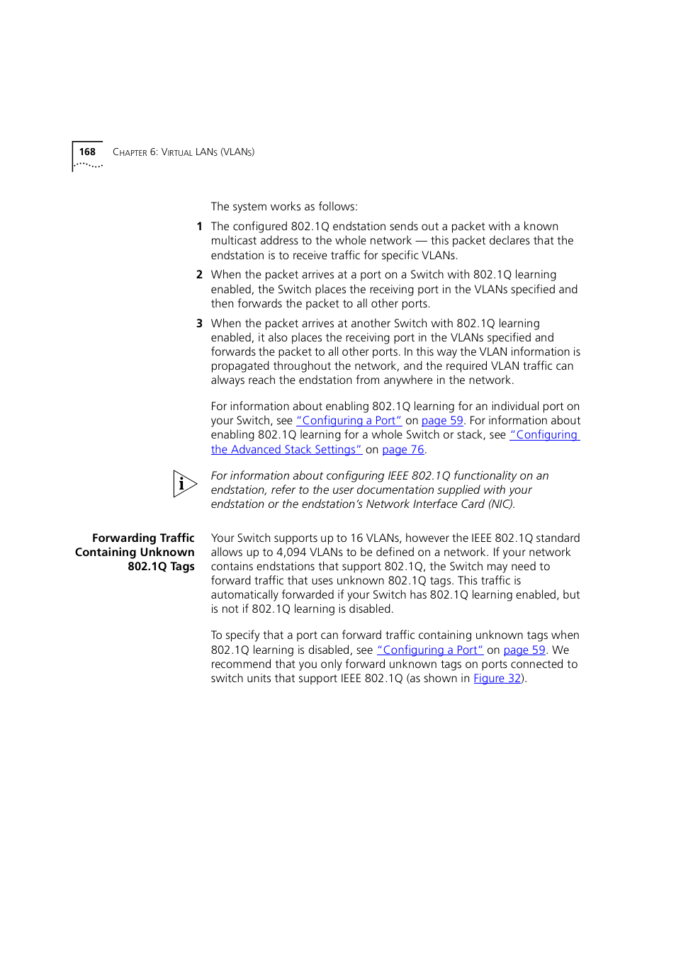 Forwarding traffic containing unknown 802.1q tags | 3Com 1100 User Manual | Page 168 / 248