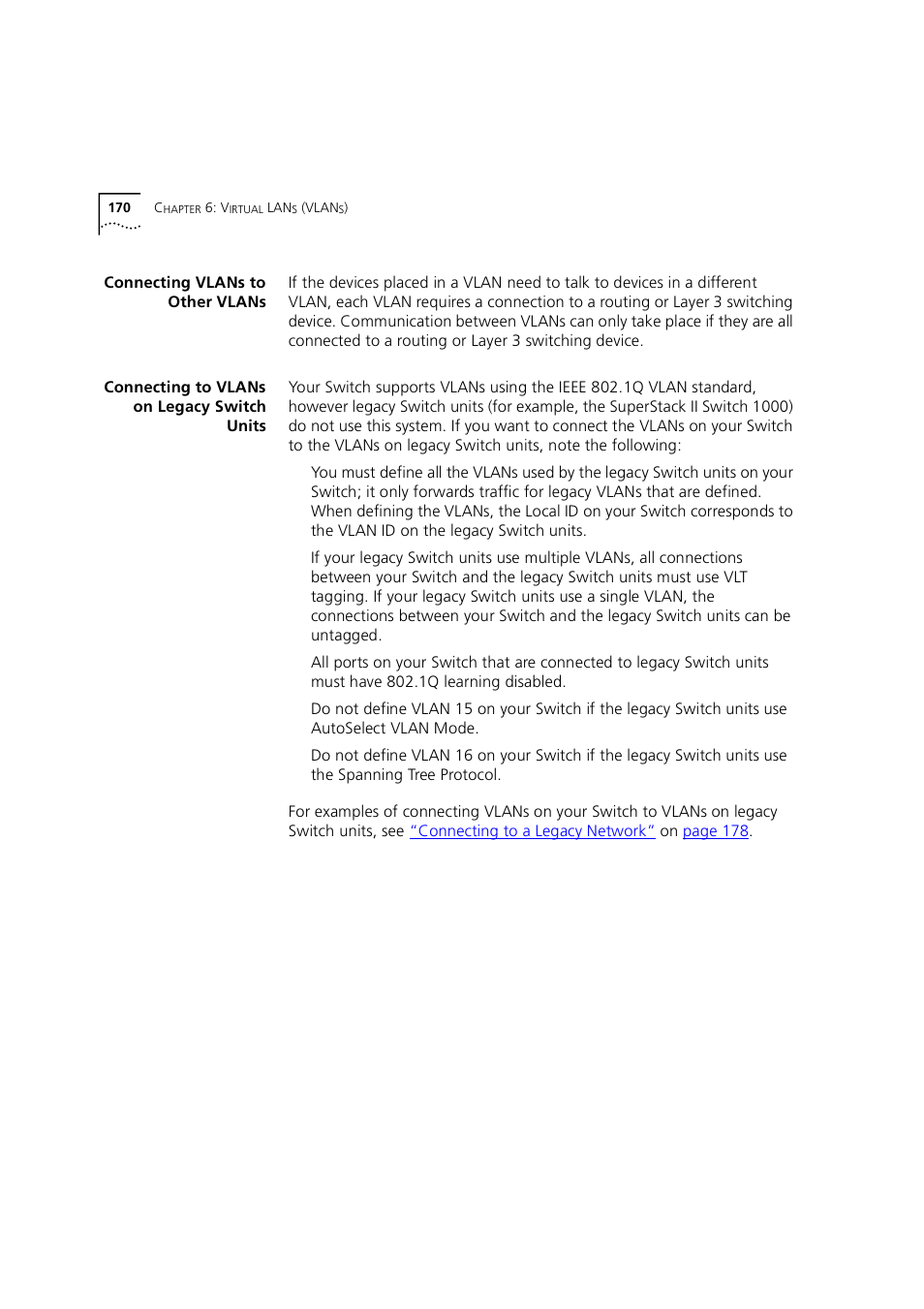 Connecting vlans to other vlans, Connecting to vlans on legacy switch units | 3Com 1100 User Manual | Page 170 / 248