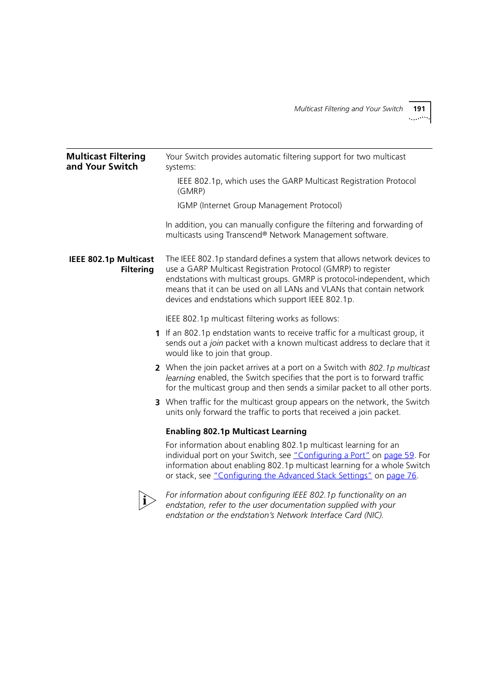 Multicast filtering and your switch, Ieee 802.1p multicast filtering, Enabling 802.1p multicast learning | Ieee, 1p multicast filtering | 3Com 1100 User Manual | Page 191 / 248