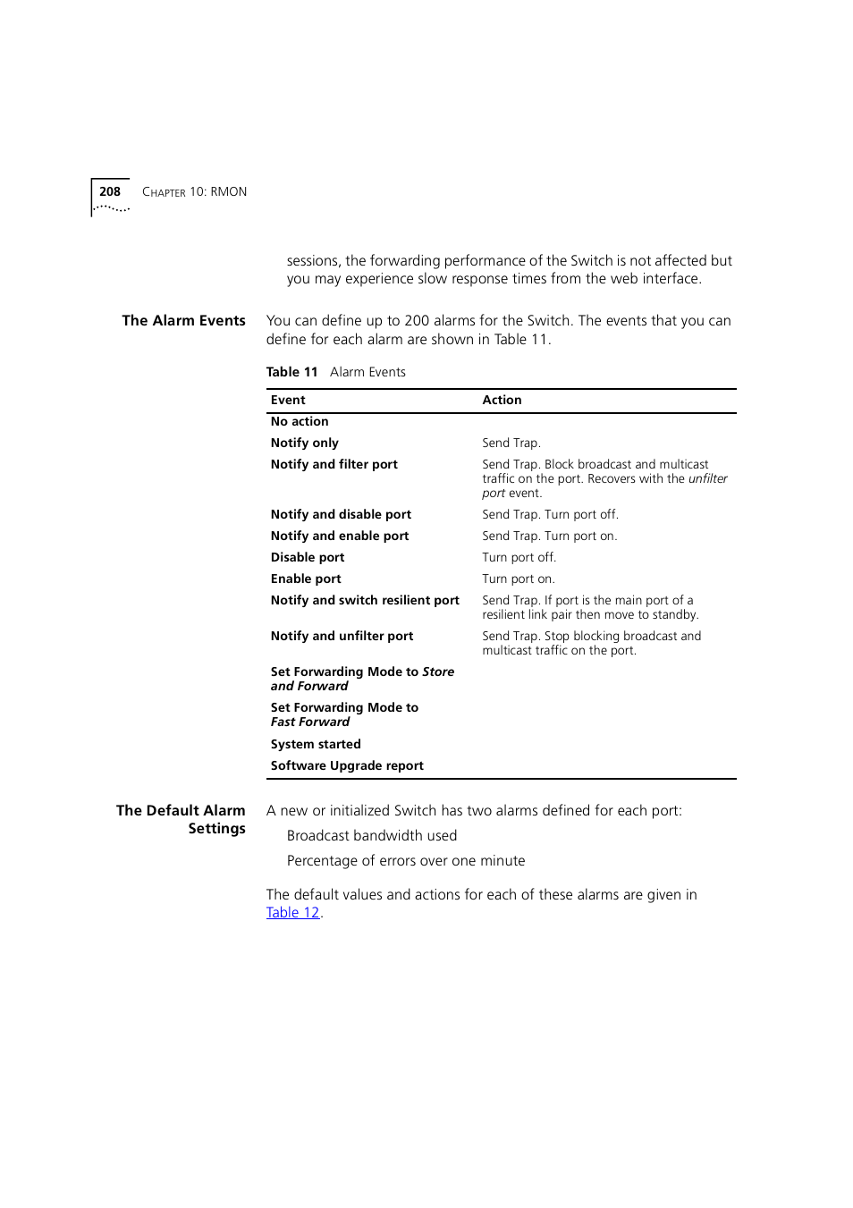 The alarm events, The default alarm settings, The default alarm | Settings | 3Com 1100 User Manual | Page 208 / 248