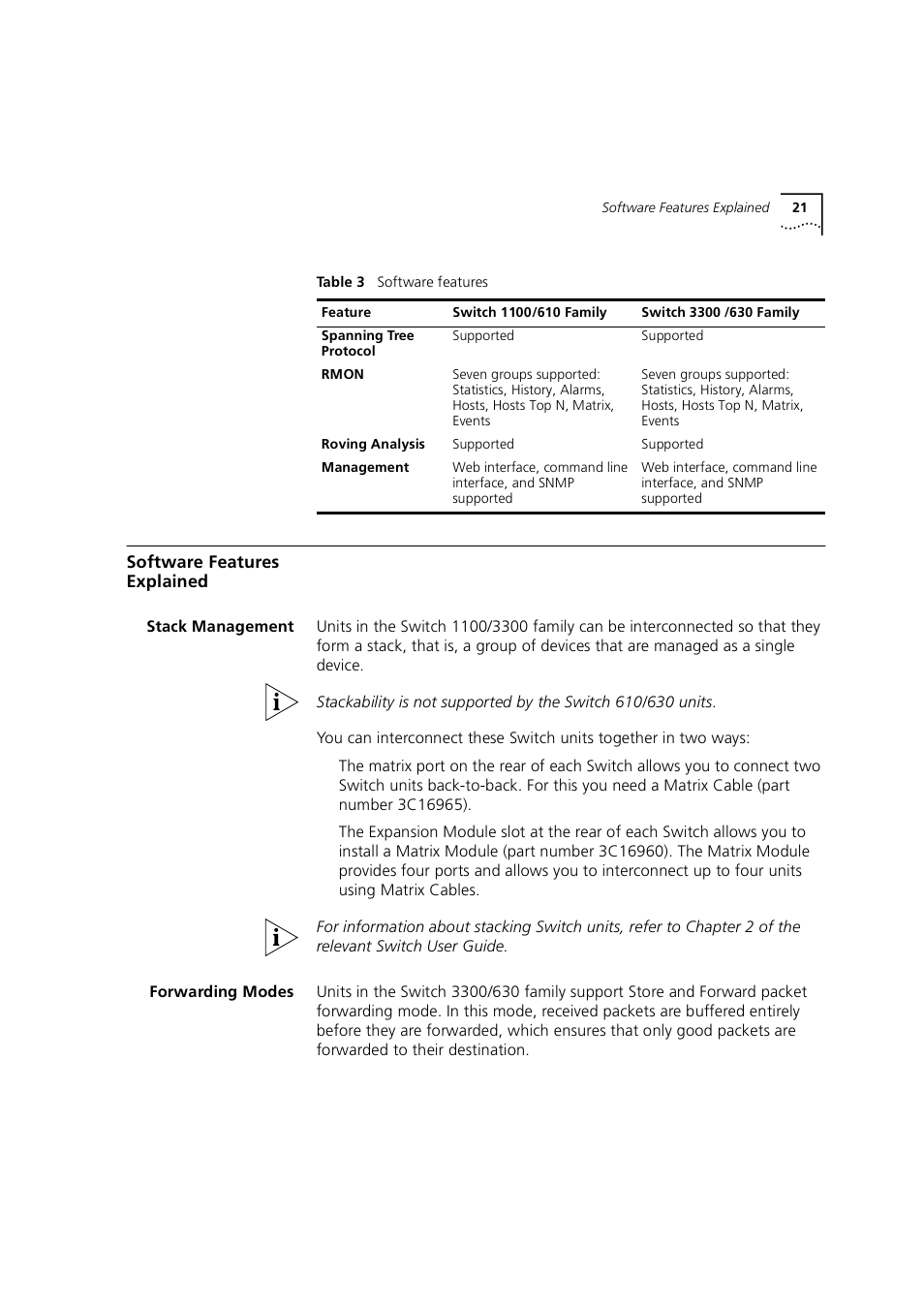 Software features explained, Stack management, Forwarding modes | 3Com 1100 User Manual | Page 21 / 248