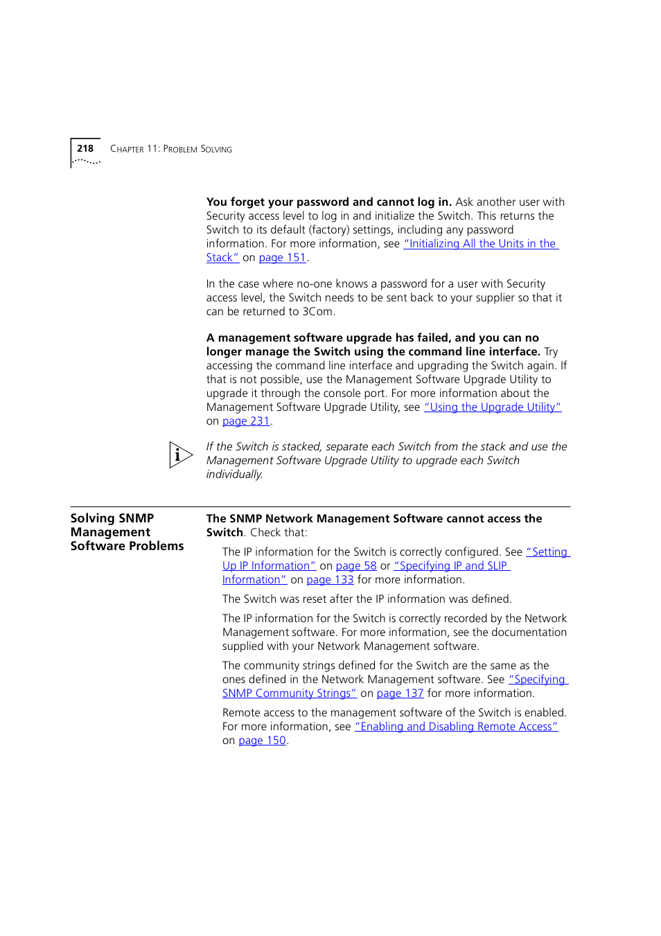 Solving snmp management software problems, Solving snmp management software problem | 3Com 1100 User Manual | Page 218 / 248