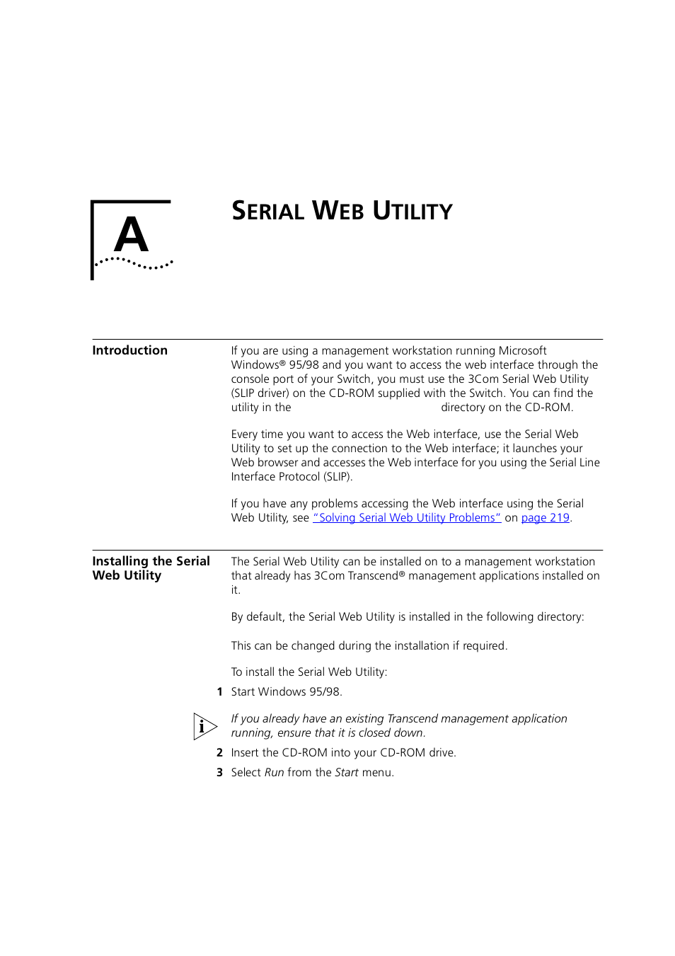 Serial web utility, Introduction, Installing the serial web utility | Erial, Tility, Serial web utilit, Serial web, Utility, Chapter a | 3Com 1100 User Manual | Page 227 / 248