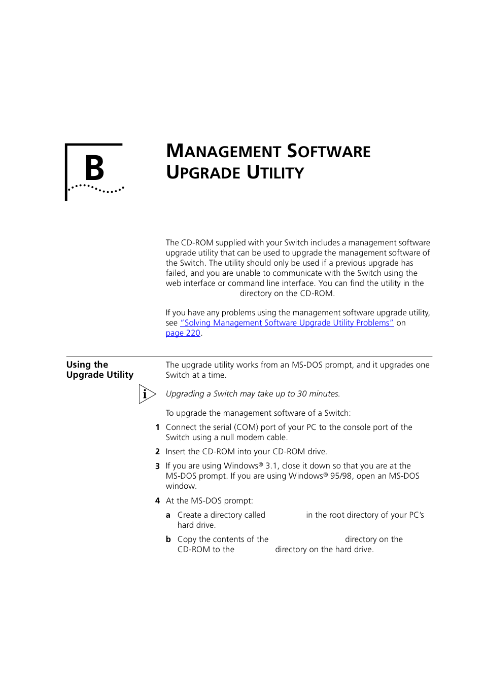 Management software upgrade utility, Using the upgradeutility, Anagement | Oftware, Pgrade, Tility, Using the upgrade utility, Using the upgrade utilit, Using the upgrade utili, Chapter b | 3Com 1100 User Manual | Page 231 / 248