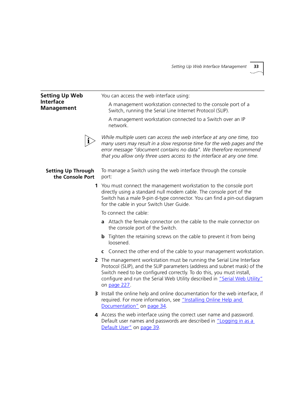 Setting up web interface management, Setting up through the console port, Setting up web interface managemen | 3Com 1100 User Manual | Page 33 / 248