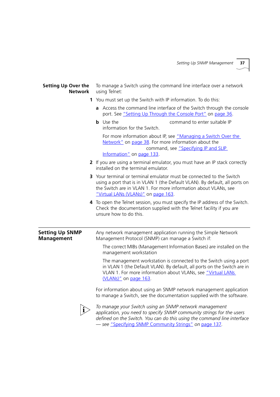 Setting up over the network, Setting up snmp management, Setting up snmp managemen | 3Com 1100 User Manual | Page 37 / 248