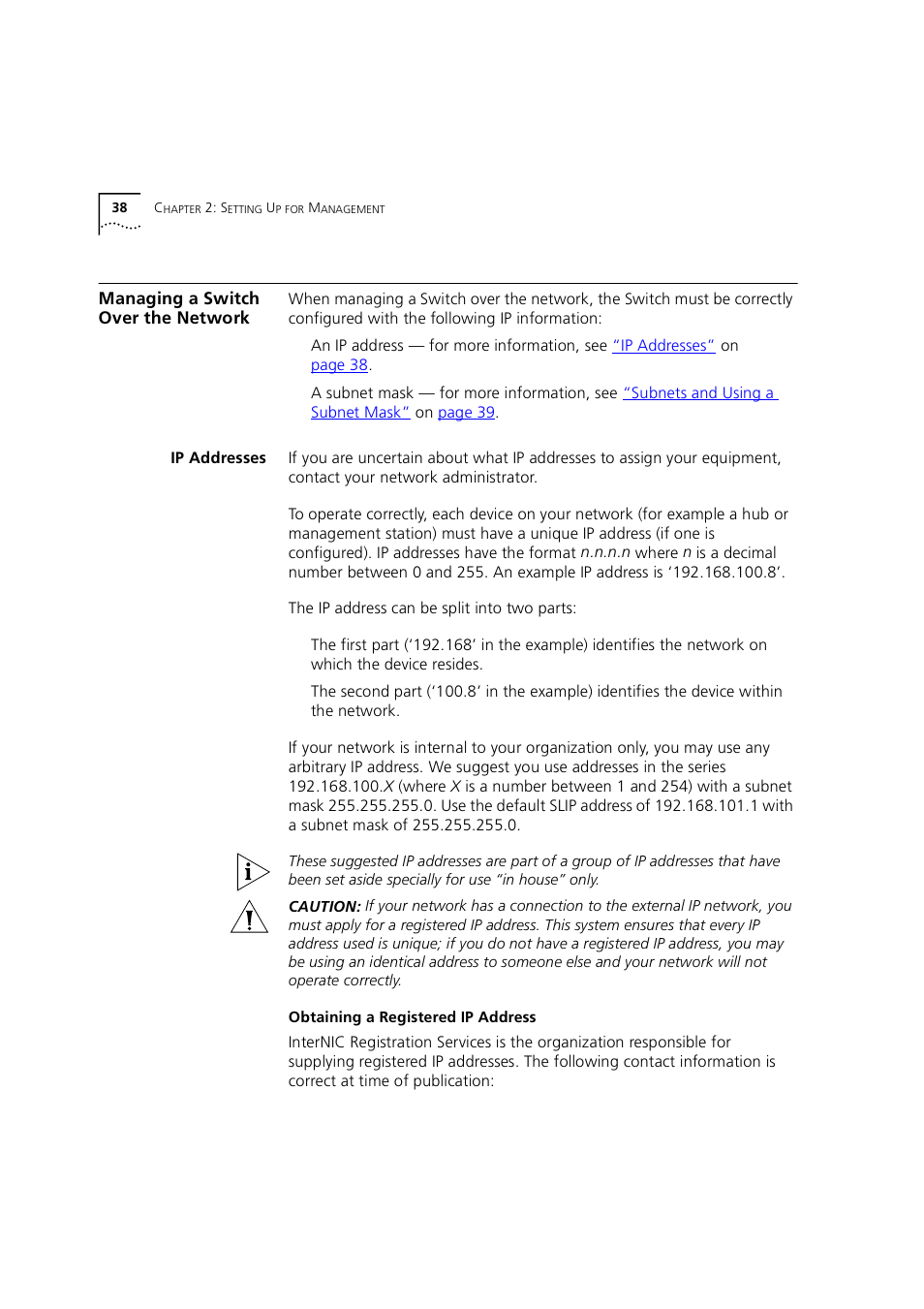 Managing a switch over the network, Ip addresses, Obtaining a registered ip address | Managing a switch over the networ, Managing a switch over the, Network | 3Com 1100 User Manual | Page 38 / 248