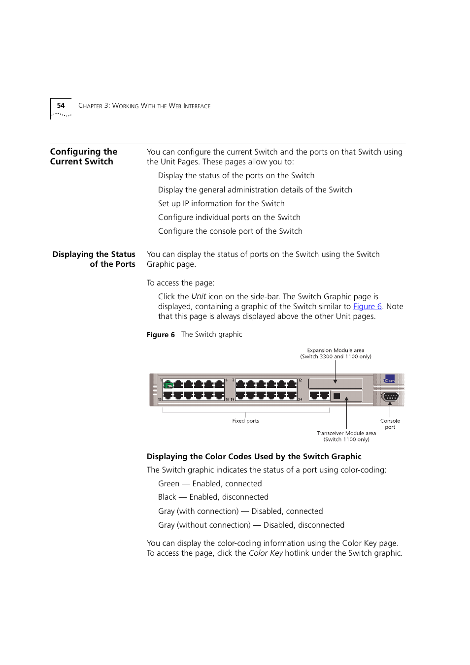 Configuring the current switch, Displaying the status of the ports, Configuring the current switc | 3Com 1100 User Manual | Page 54 / 248
