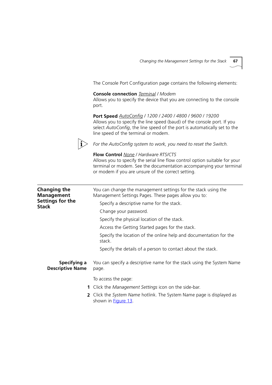 Changing the management settings for the stack, Specifying a descriptive name, Changing the management settings for the stac | Changing the management, Settings for the stack, Changing the management settings for, The stack | 3Com 1100 User Manual | Page 67 / 248